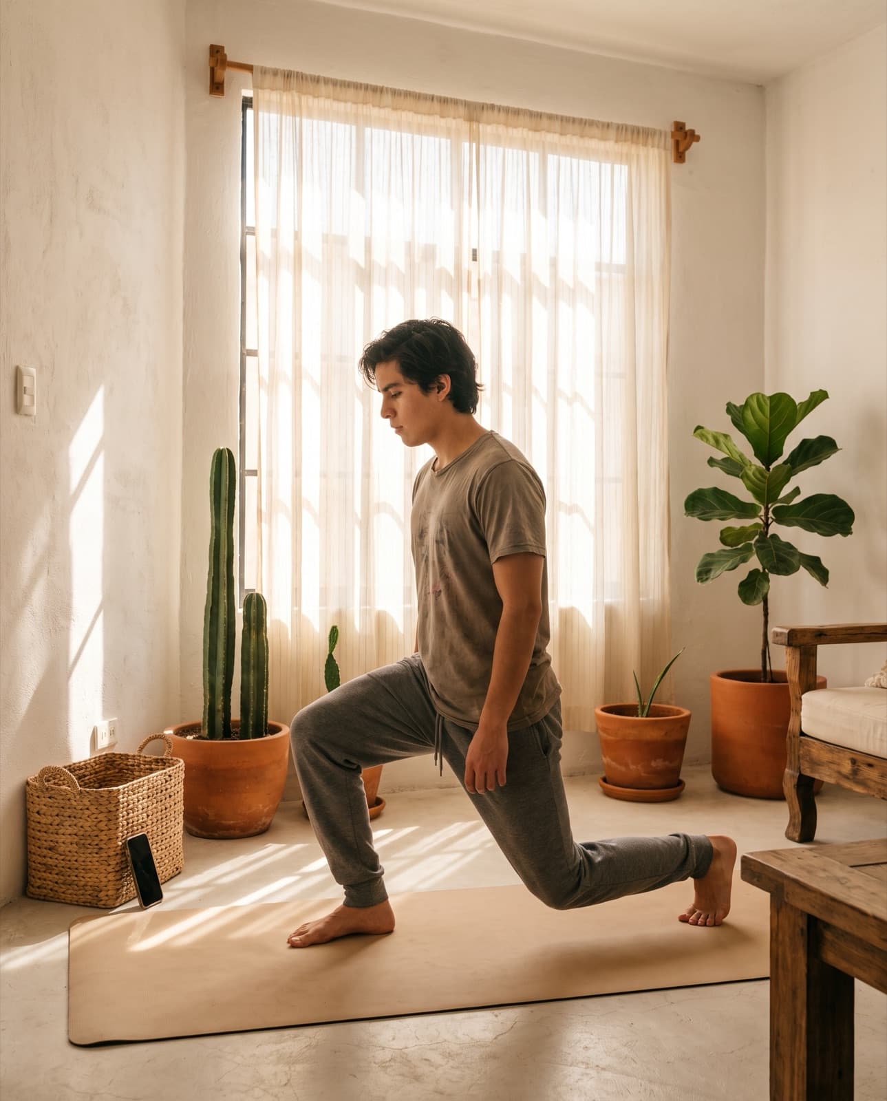 Hombre haciendo zancadas en la sala de su casa