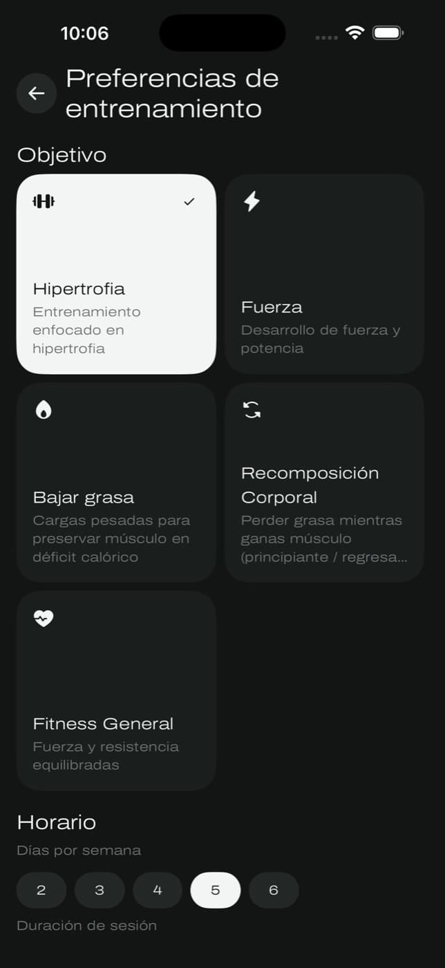 Preferencias de entrenamiento: objetivo y días por semana