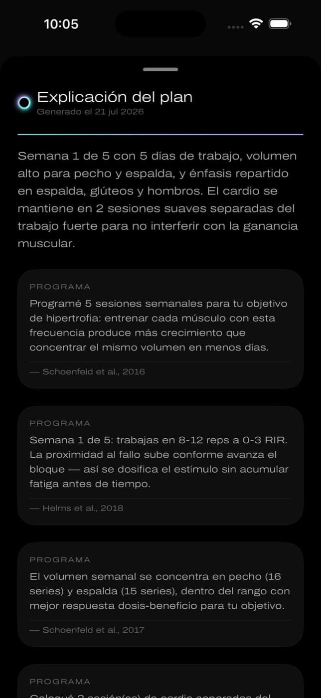 Explicación del plan, generada por el coach