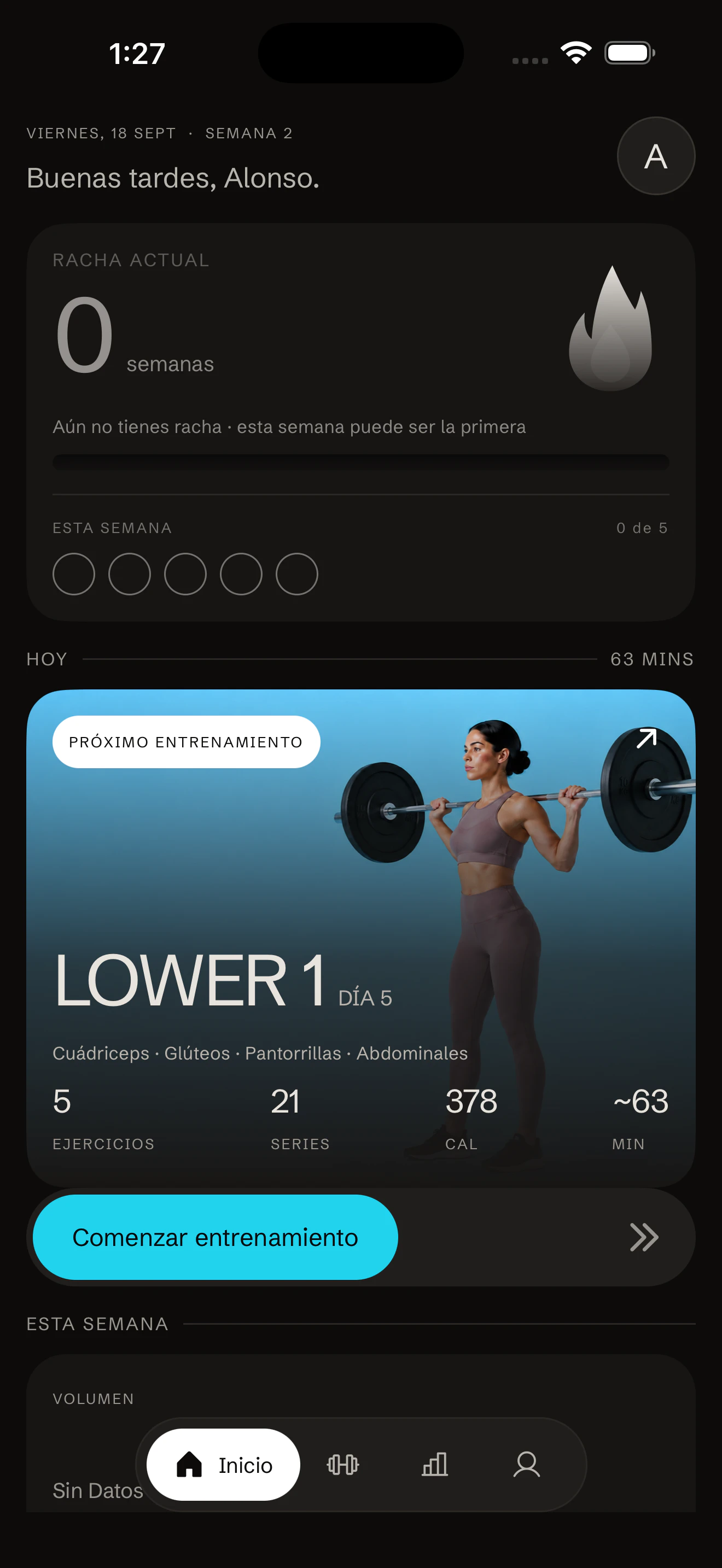 Pantalla de inicio: racha semanal y próximo entrenamiento